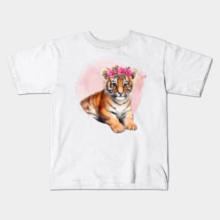 Cute Baby Tiger With floral crown Kids T-Shirt